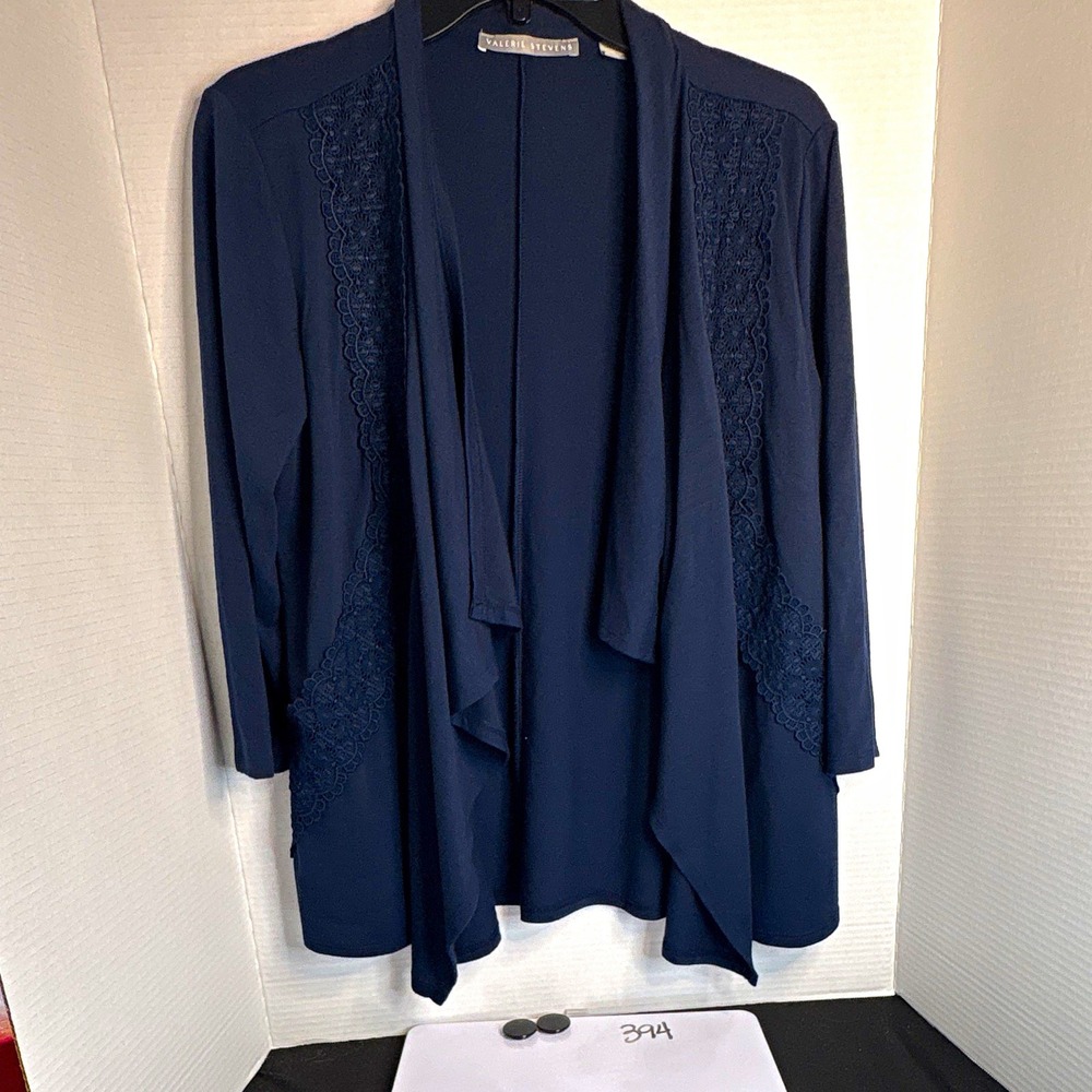Valerie Stevens Blue Open Front Lace Trim 3/4 Sleeve Cardigan Sweater S